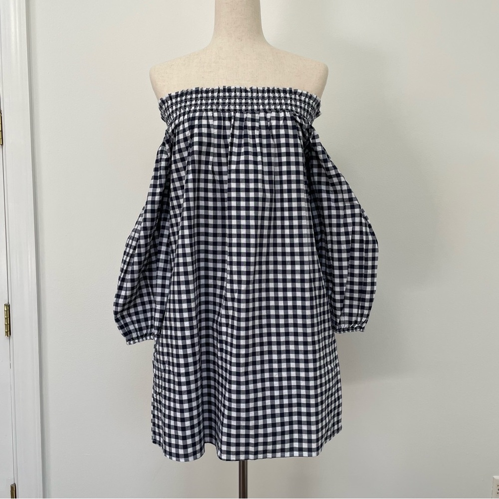 NWT Abercrombie & Fitch off shoulders style dress, navy & white gingham, size M